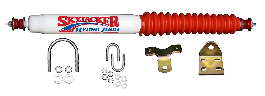 7100 – SKYJACKER Steering Stabilizer, Single White With Red Shock boot With Brackets Mounts To OE Locations